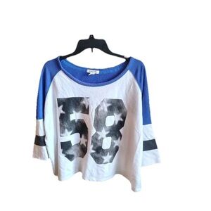 Aerostale 58 Logo Crop Top Womens L/XL Blue White Athletic Stripe Boxy 2010s
